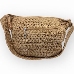 The Sak traditional Shoulder Bag Ecru Light Tan Zip pocket 9" Crochet Woven